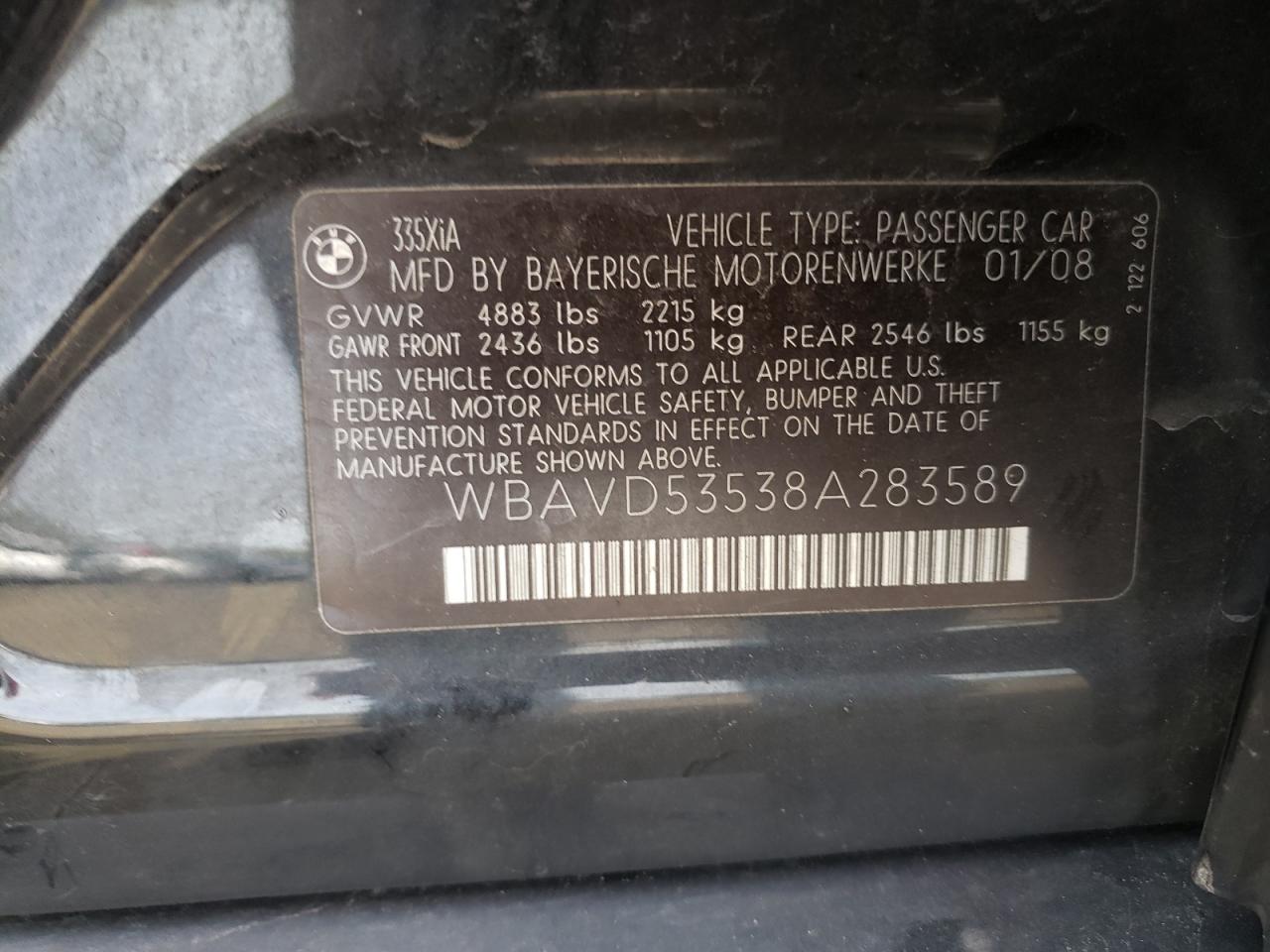 Photo 10 from auction – 2008 BMW 335 XI with VIN WBAVD53538A283589