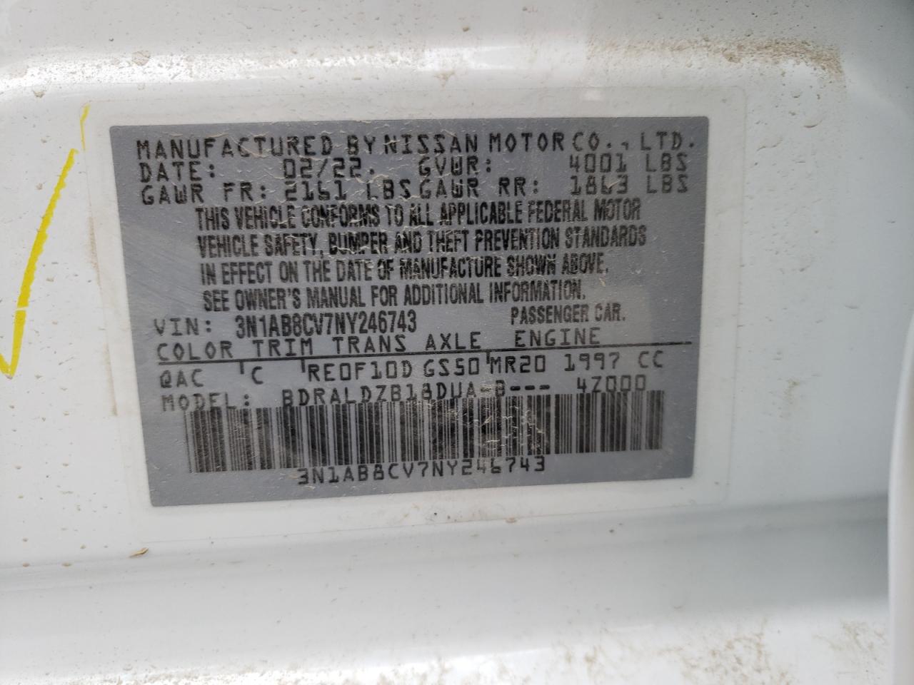 Photo 10 from auction – 2022 NISSAN SENTRA with VIN 3N1AB8CV7NY246743