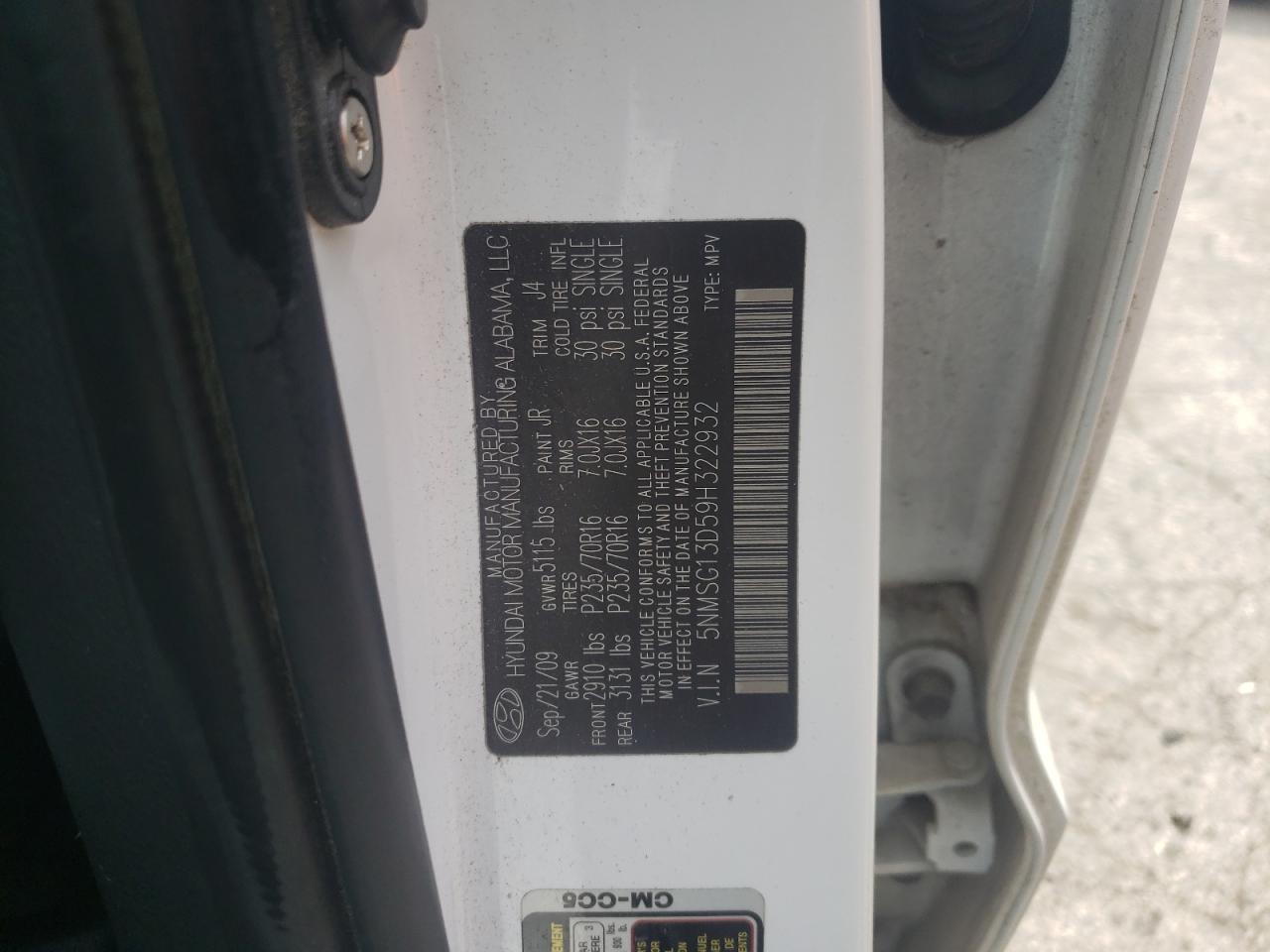 Photo 10 from auction – 2009 HYUNDAI SANTA FE G with VIN 5NMSG13D59H322932
