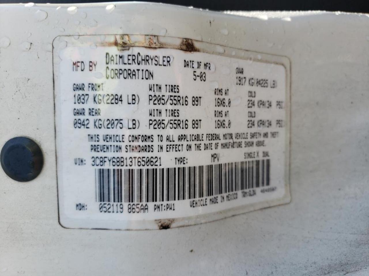 Photo 10 from auction – 2003 CHRYSLER PT CRUISER with VIN 3C8FY68B13T650621