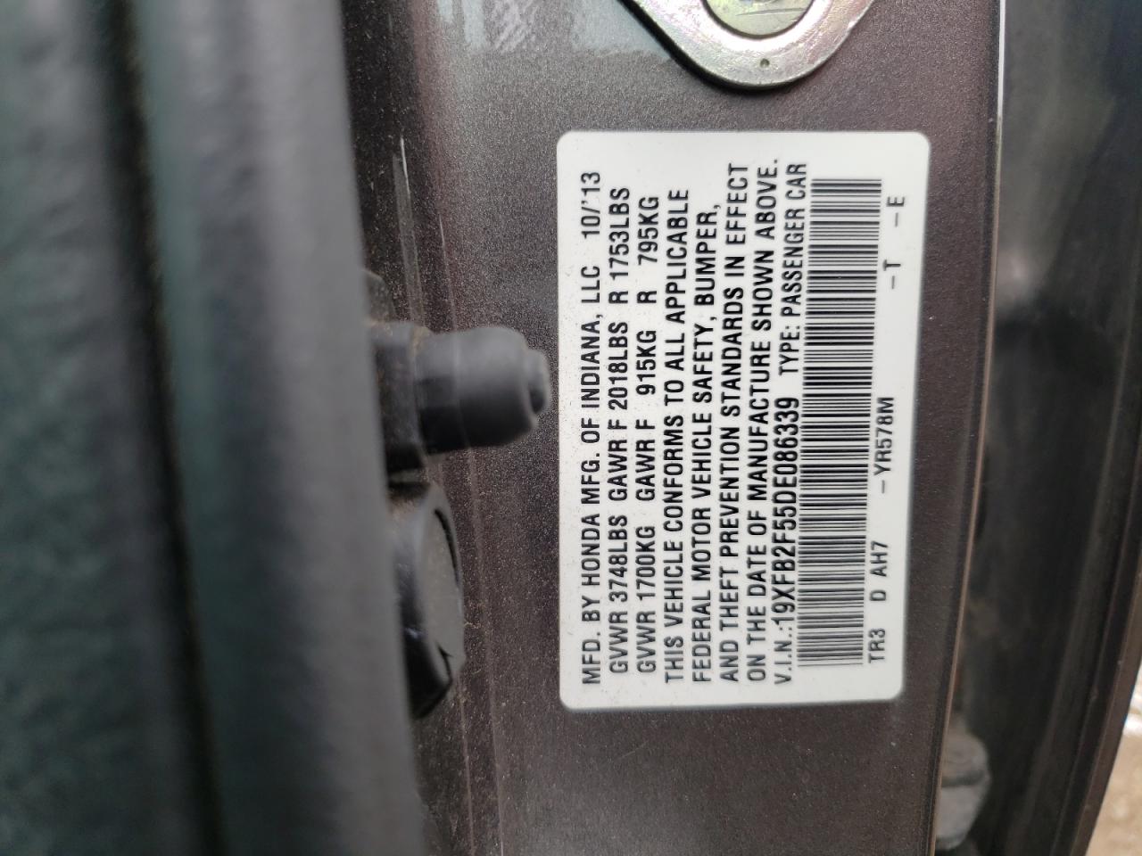 Photo 10 from auction – 2013 HONDA CIVIC LX with VIN 19XFB2F55DE086339