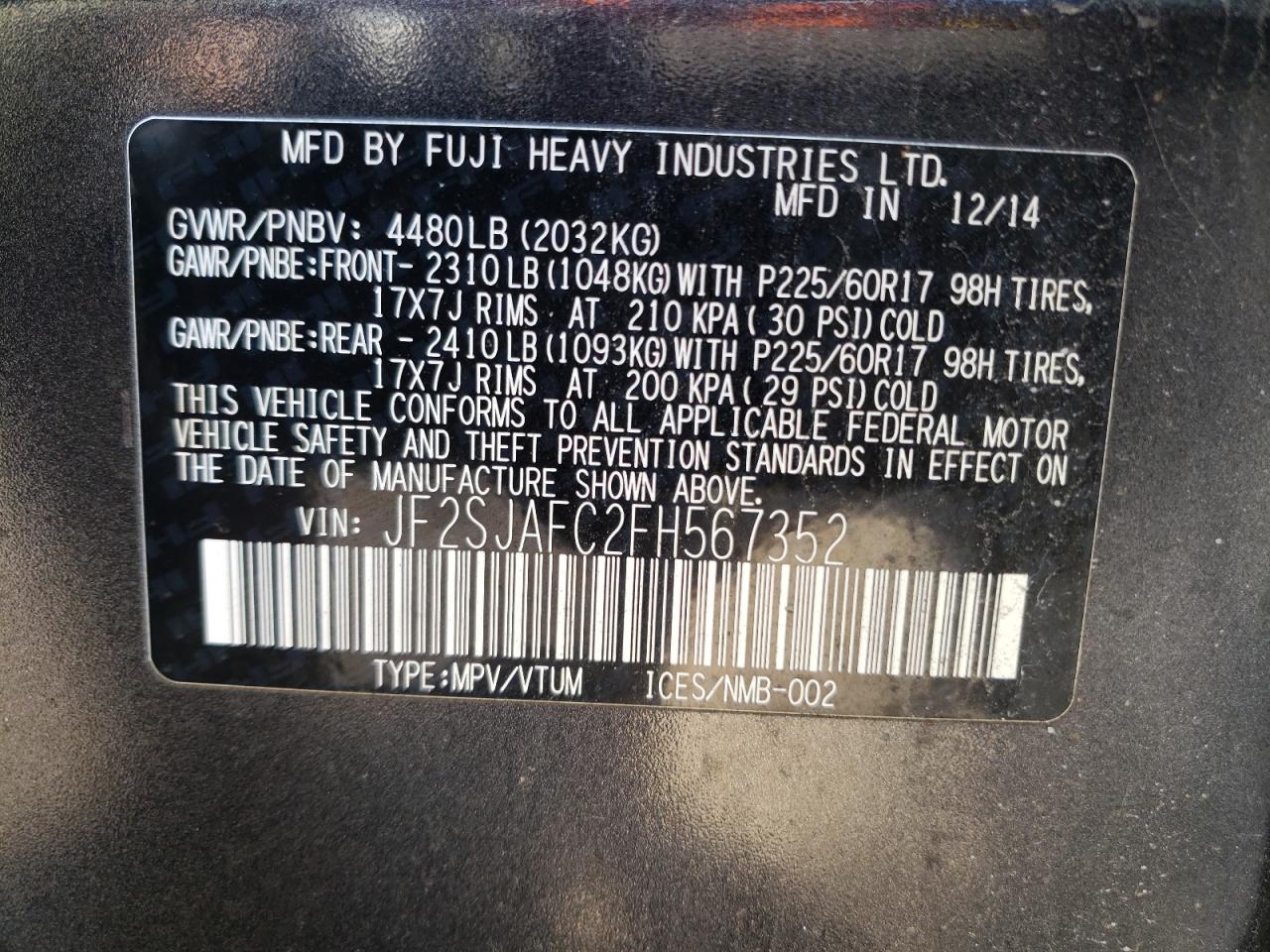 Photo 10 from auction – 2015 SUBARU FORESTER 2 with VIN JF2SJAFC2FH567352