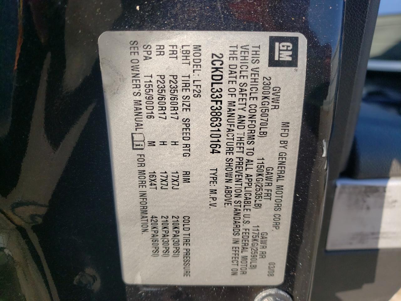 Photo 10 from auction – 2008 PONTIAC TORRENT with VIN 2CKDL33F386310164