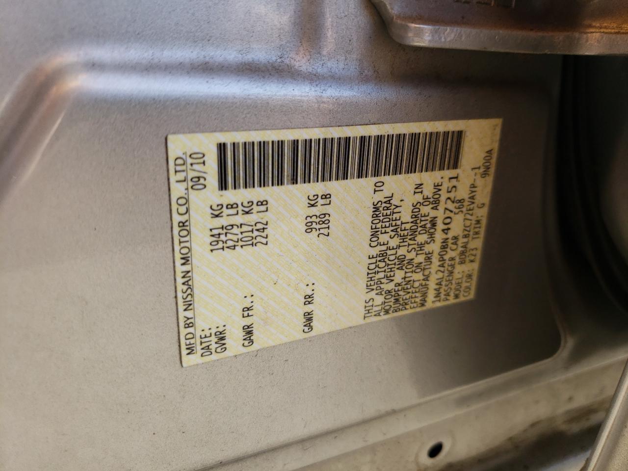 Photo 10 from auction – 2011 NISSAN ALTIMA BAS with VIN 1N4AL2AP0BN407251