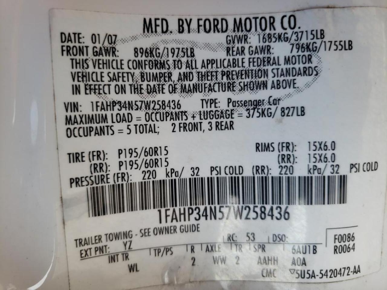 Photo 10 from auction – 2007 FORD FOCUS ZX4 with VIN 1FAHP34N57W258436