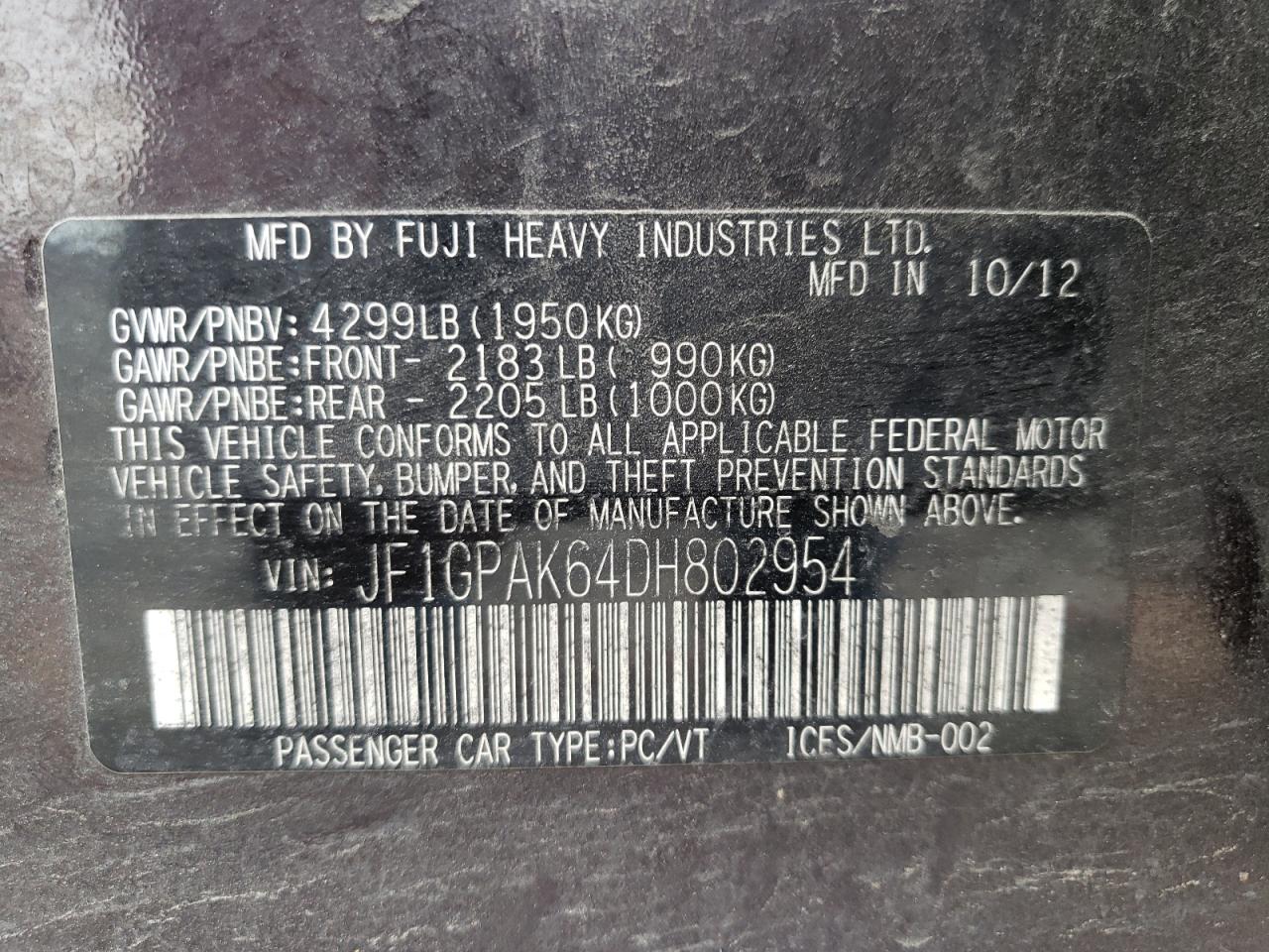 Photo 10 from auction – 2013 SUBARU IMPREZA LI with VIN JF1GPAK64DH802954