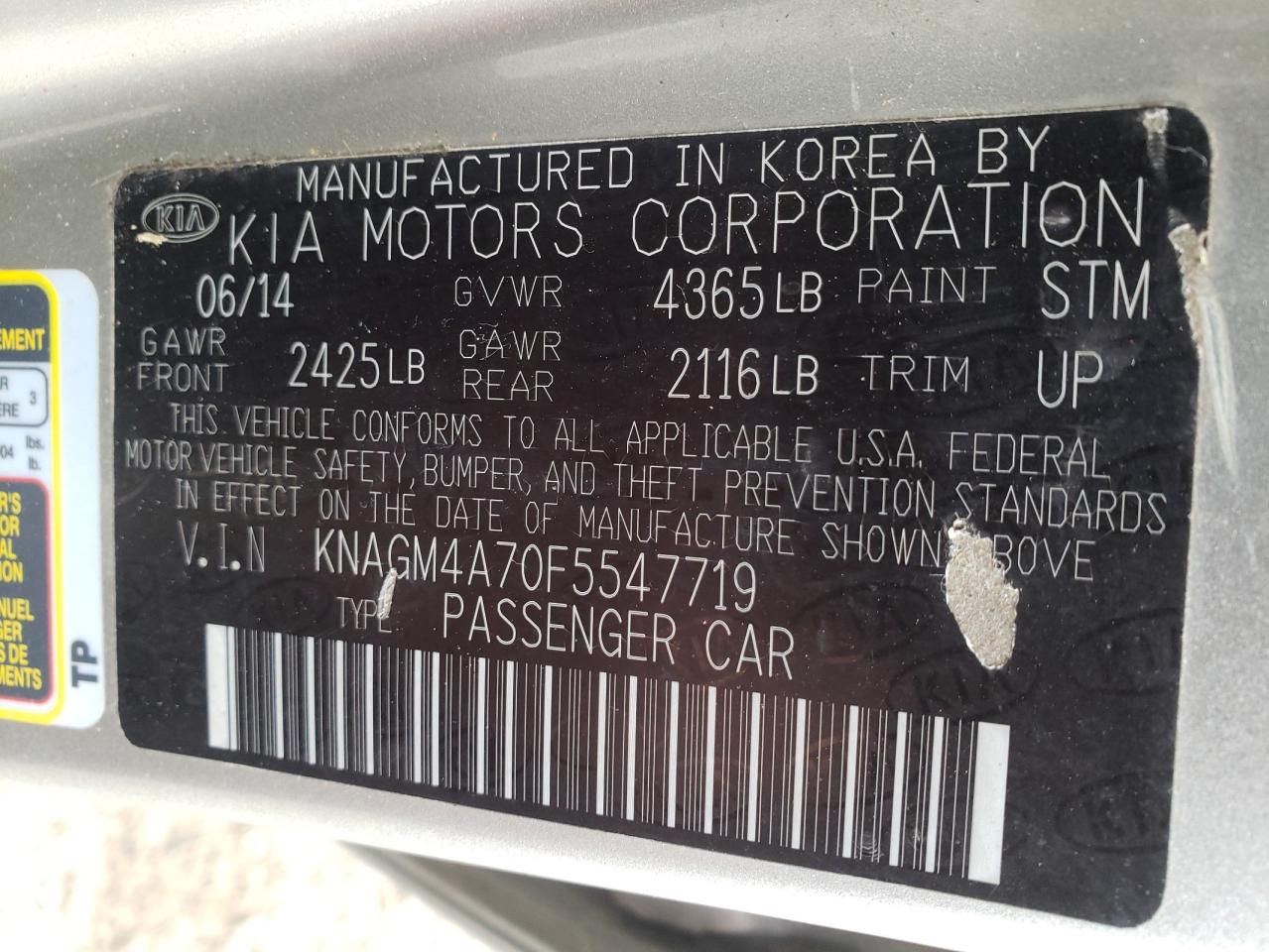 Photo 10 from auction – 2015 KIA OPTIMA LX with VIN KNAGM4A70F5547719