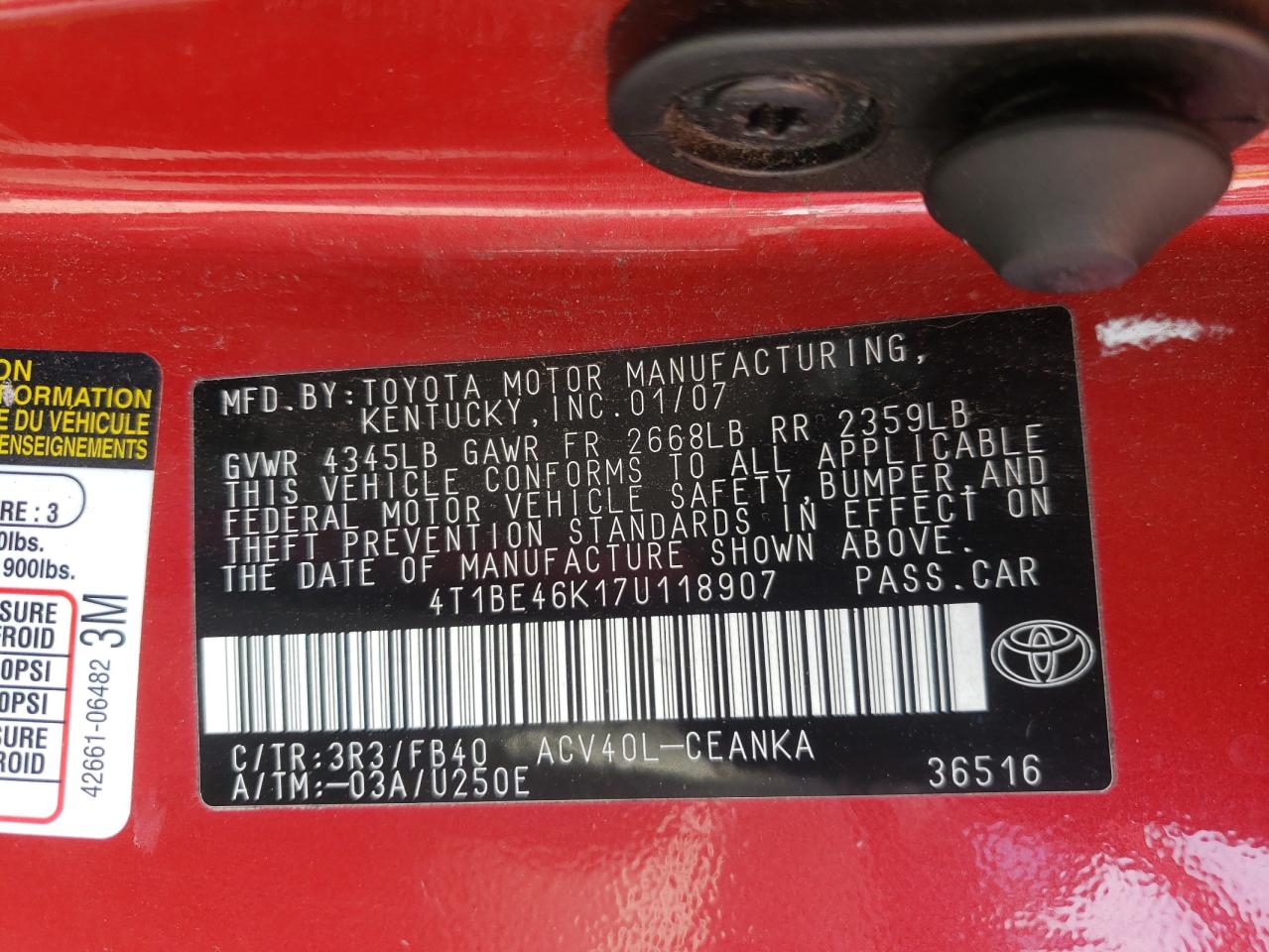 Photo 10 from auction – 2007 TOYOTA CAMRY CE with VIN 4T1BE46K17U118907