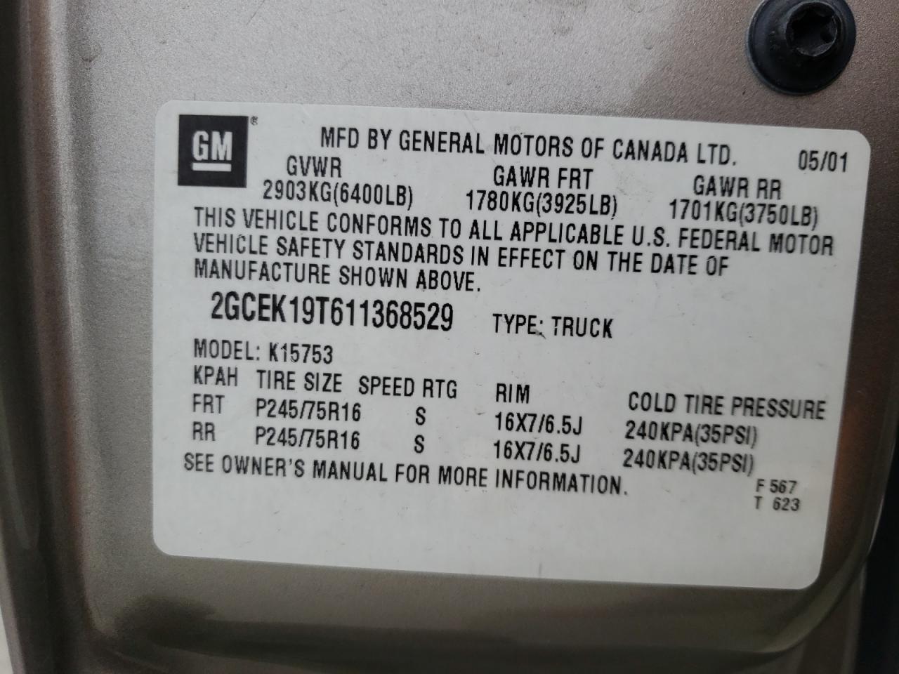 Photo 10 from auction – 2001 CHEVROLET SILVERADO with VIN 2GCEK19T611368529