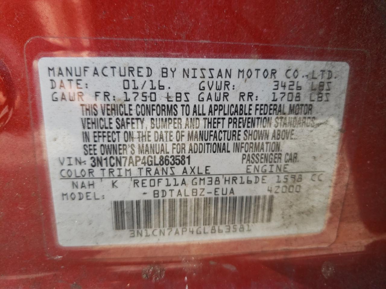 Photo 10 from auction – 2016 NISSAN VERSA S with VIN 3N1CN7AP4GL863581