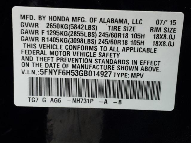 Photo 10 from auction – 2016 HONDA PILOT EXL with VIN 5FNYF6H53GB014927