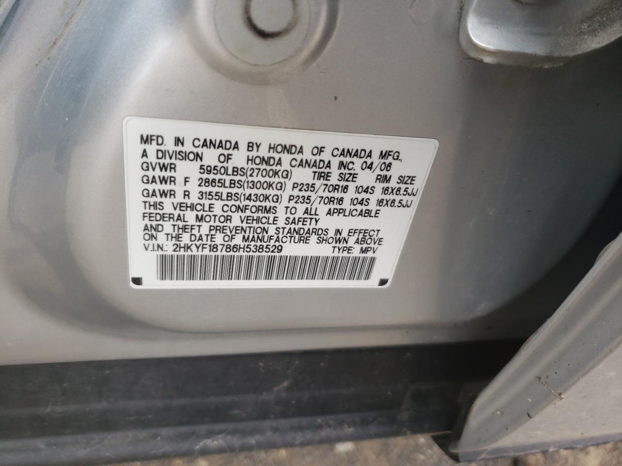 Photo 10 from auction – 2006 HONDA PILOT EX with VIN 2HKYF18786H538529