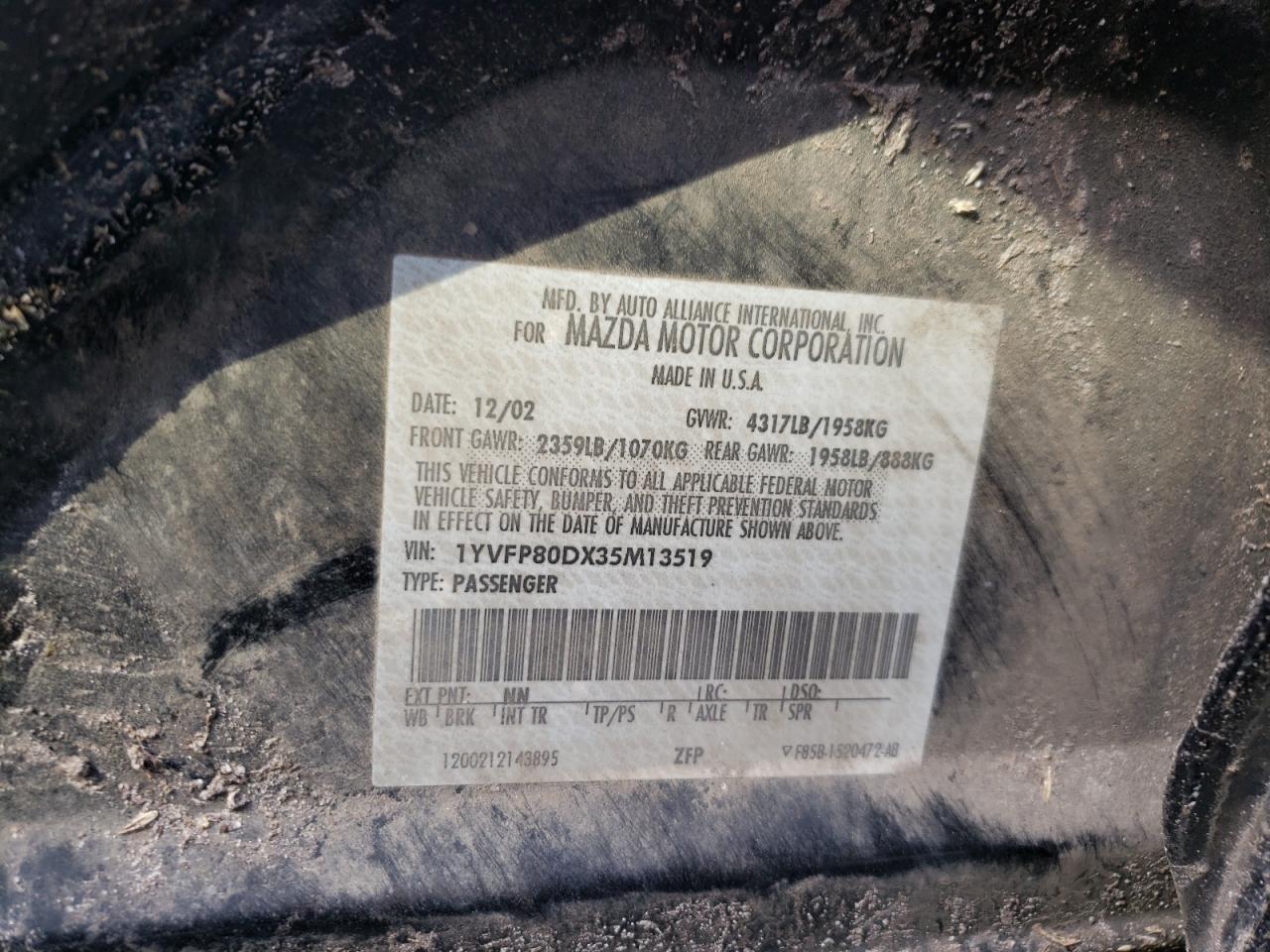 Photo 10 from auction – 2003 MAZDA 6 S with VIN 1YVFP80DX35M13519