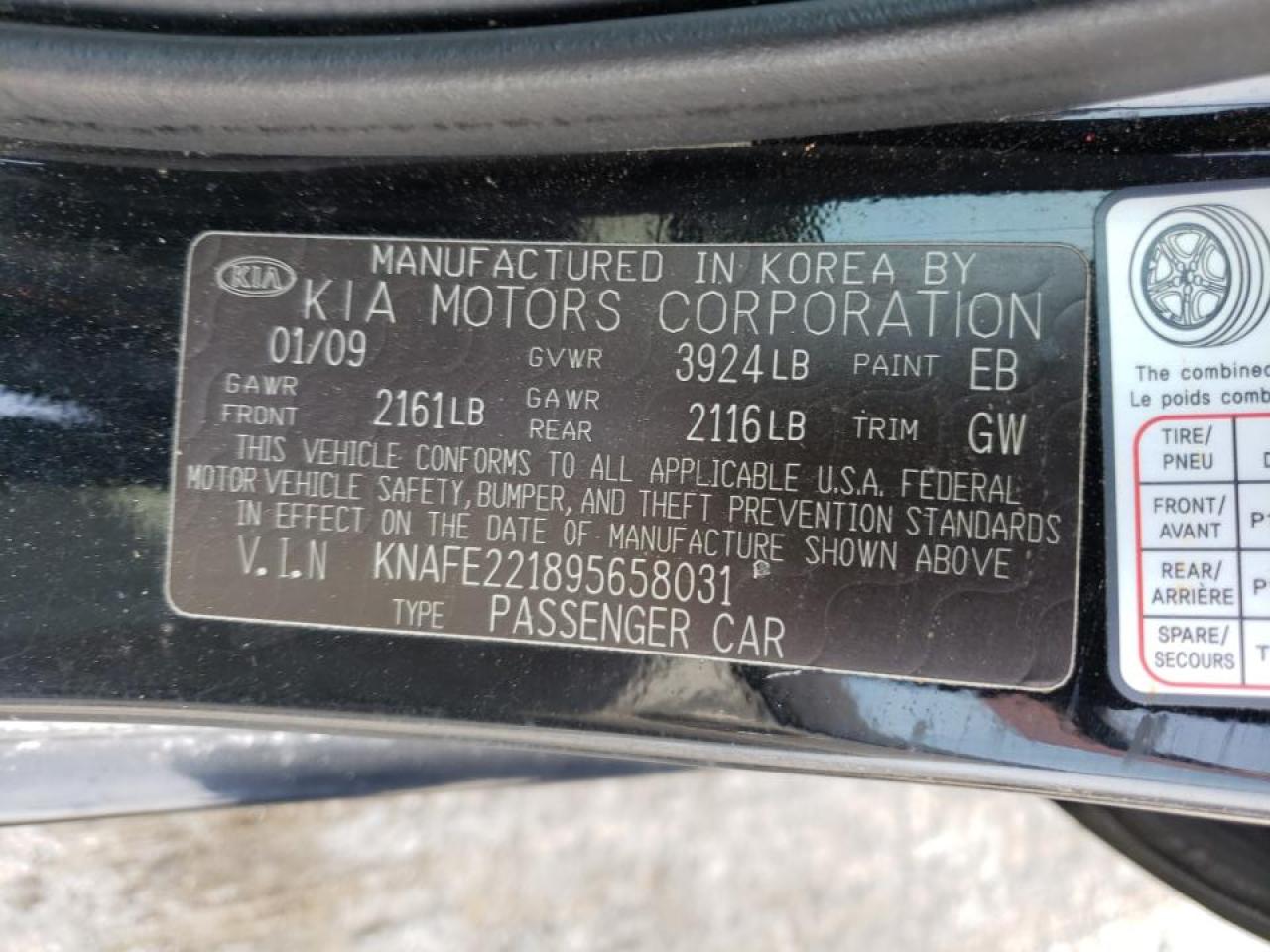Photo 10 from auction – 2009 KIA SPECTRA EX with VIN KNAFE221895658031
