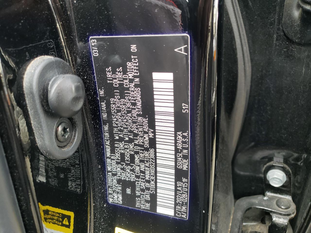 Photo 10 from auction – 2013 TOYOTA HIGHLANDER with VIN 5TDDK3EHXDS223886