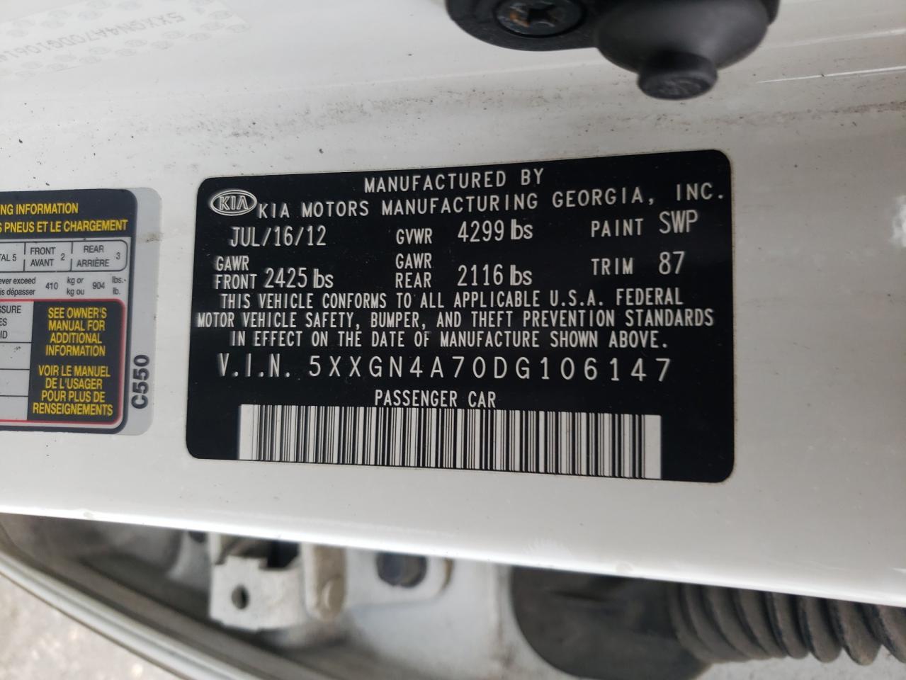 Photo 10 from auction – 2013 KIA OPTIMA EX with VIN 5XXGN4A70DG106147