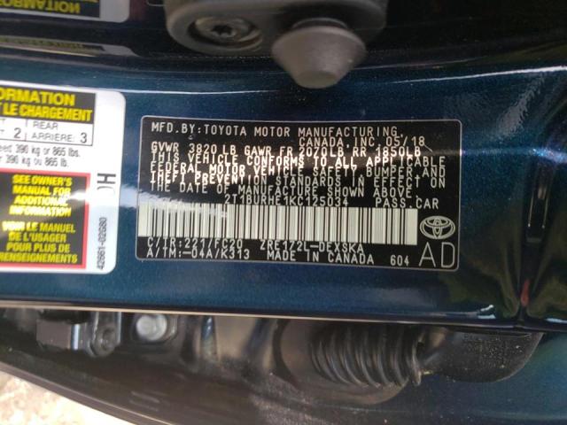 Photo 10 from auction – 2019 TOYOTA COROLLA L with VIN 2T1BURHE1KC125034