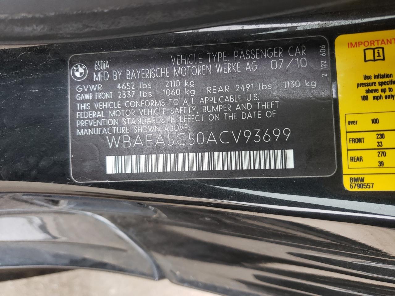 Photo 10 from auction – 2010 BMW 650 I with VIN WBAEA5C50ACV93699