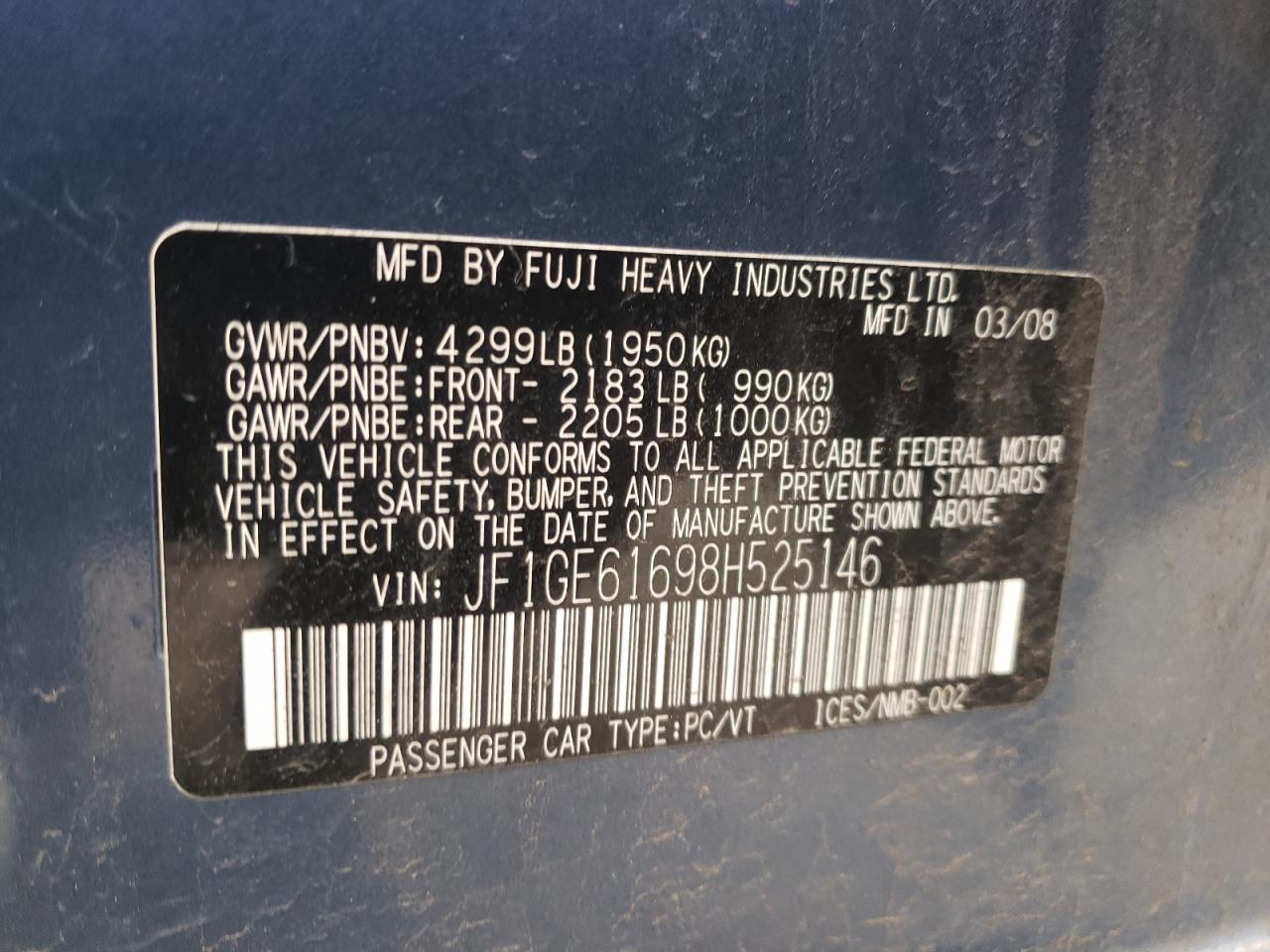 Photo 10 from auction – 2008 SUBARU IMPREZA with VIN JF1GE61698H525146