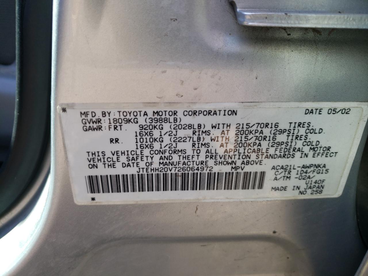 Photo 10 from auction – 2002 TOYOTA RAV4 with VIN JTEHH20V726064972
