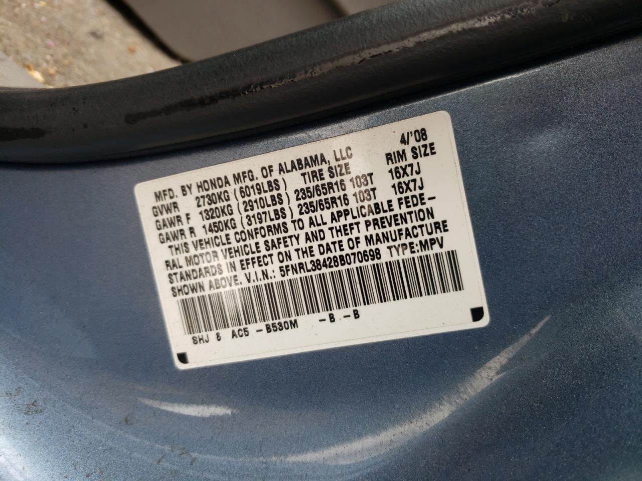 Photo 10 from auction – 2008 HONDA ODYSSEY EX with VIN 5FNRL38428B070698