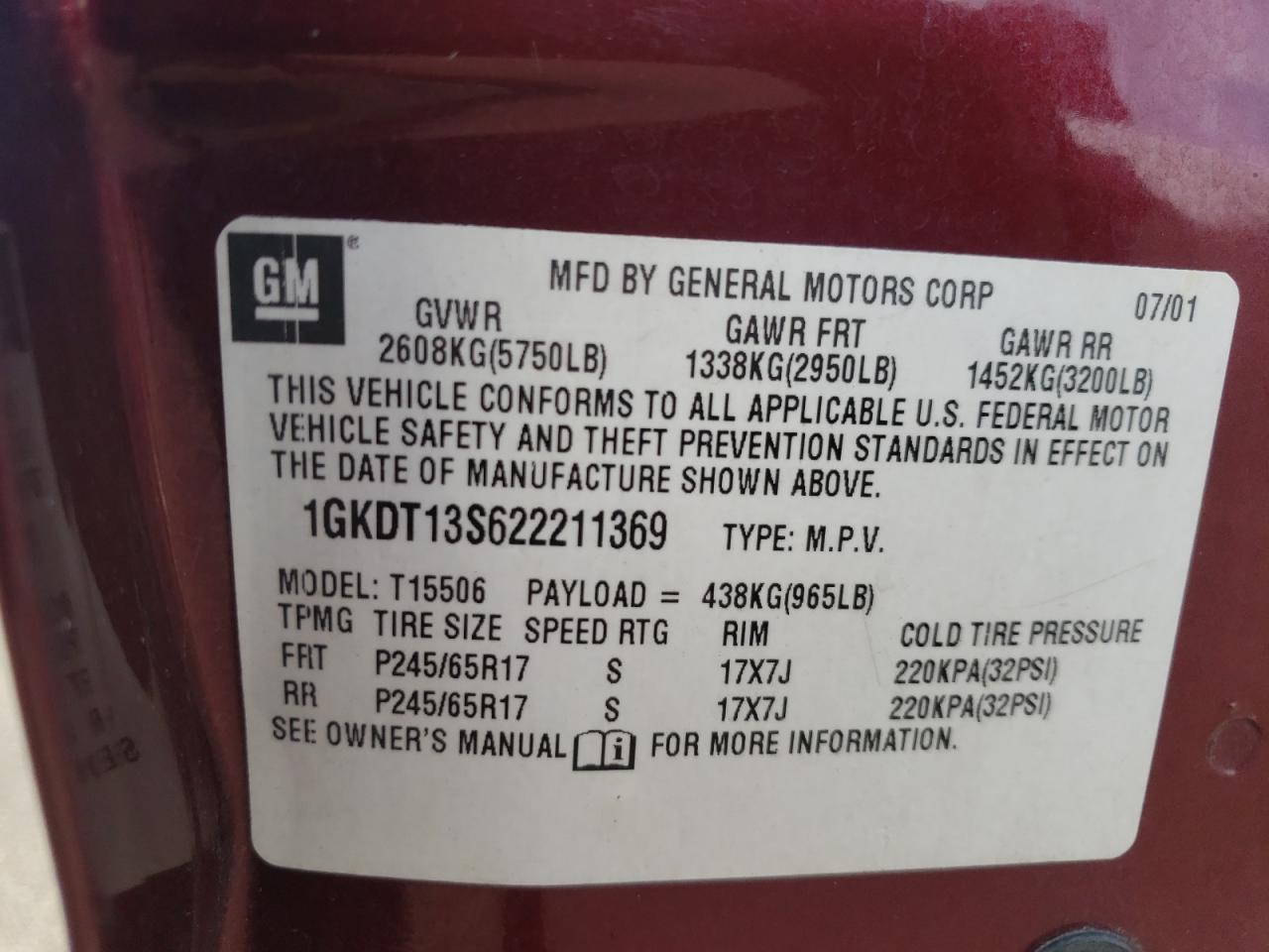Photo 10 from auction – 2002 GMC ENVOY with VIN 1GKDT13S622211369