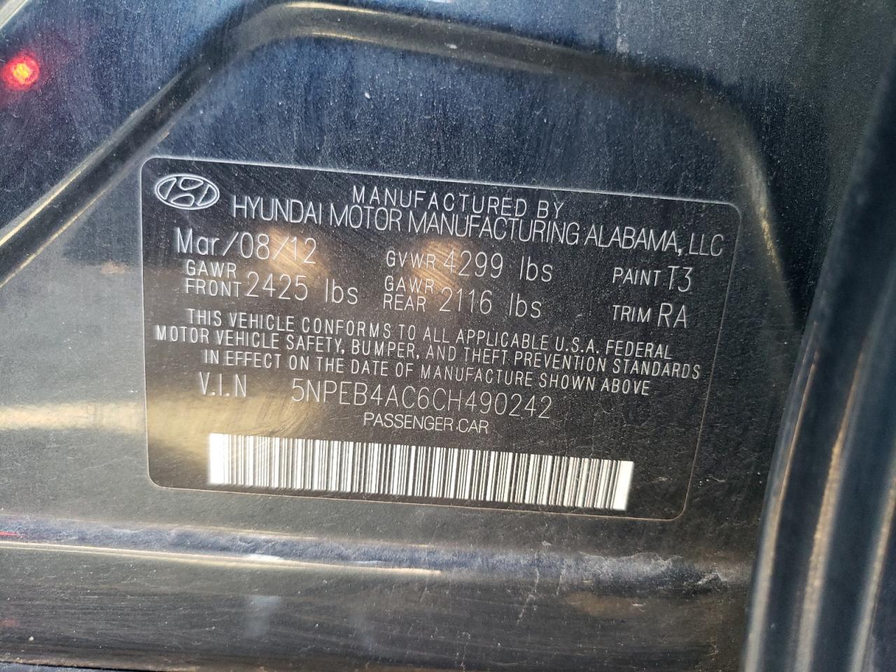 Photo 10 from auction – 2012 HYUNDAI SONATA GLS with VIN 5NPEB4AC6CH490242