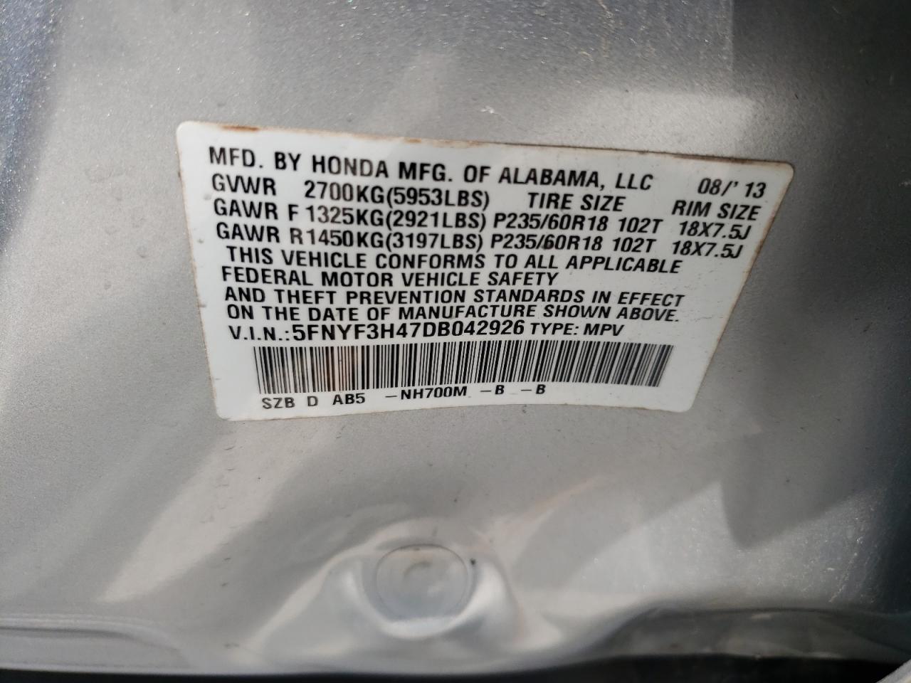Photo 10 from auction – 2013 HONDA PILOT EX with VIN 5FNYF3H47DB042926