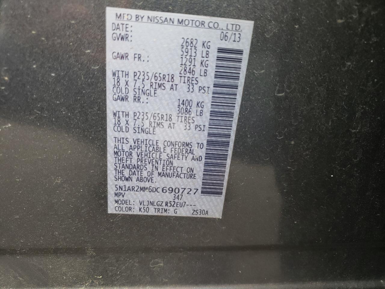 Photo 10 from auction – 2013 NISSAN PATHFINDER with VIN 5N1AR2MM6DC690727