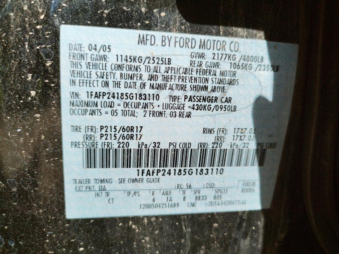 Photo 10 from auction – 2005 FORD FIVE HUNDR with VIN 1FAFP24185G183110