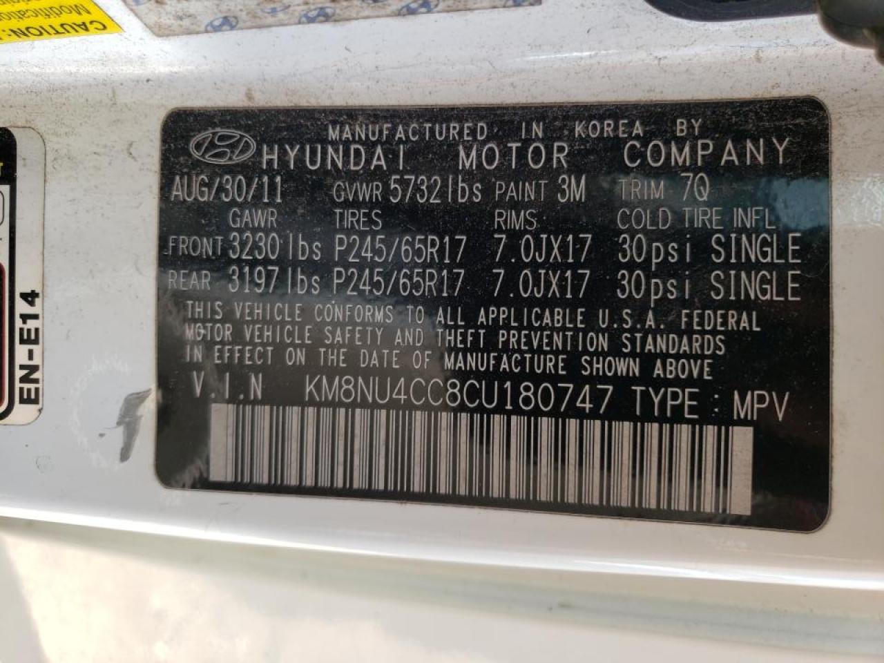 Photo 20 from auction – 2012 HYUNDAI VERACRUZ G with VIN KM8NU4CC8CU180747