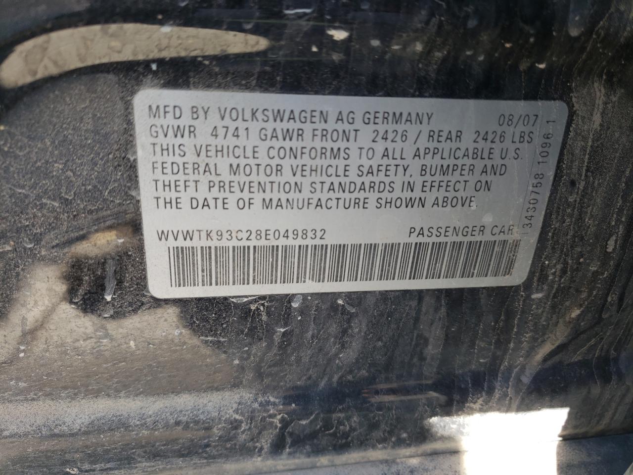Photo 10 from auction – 2008 VOLKSWAGEN PASSAT WAG with VIN WVWTK93C28E049832
