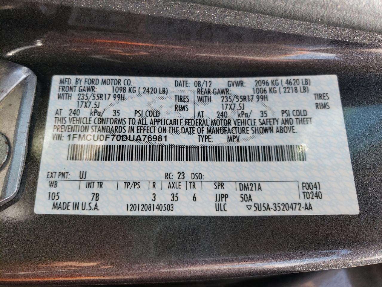 Zdjęcie 10 z aukcji – 2013 FORD ESCAPE S z VIN 1FMCU0F70DUA76981
