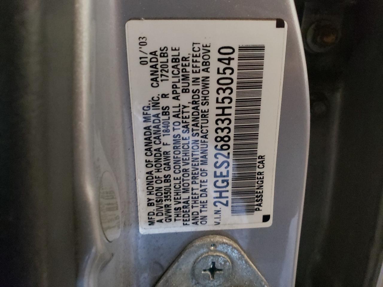 Photo 10 from auction – 2003 HONDA CIVIC EX with VIN 2HGES26833H530540