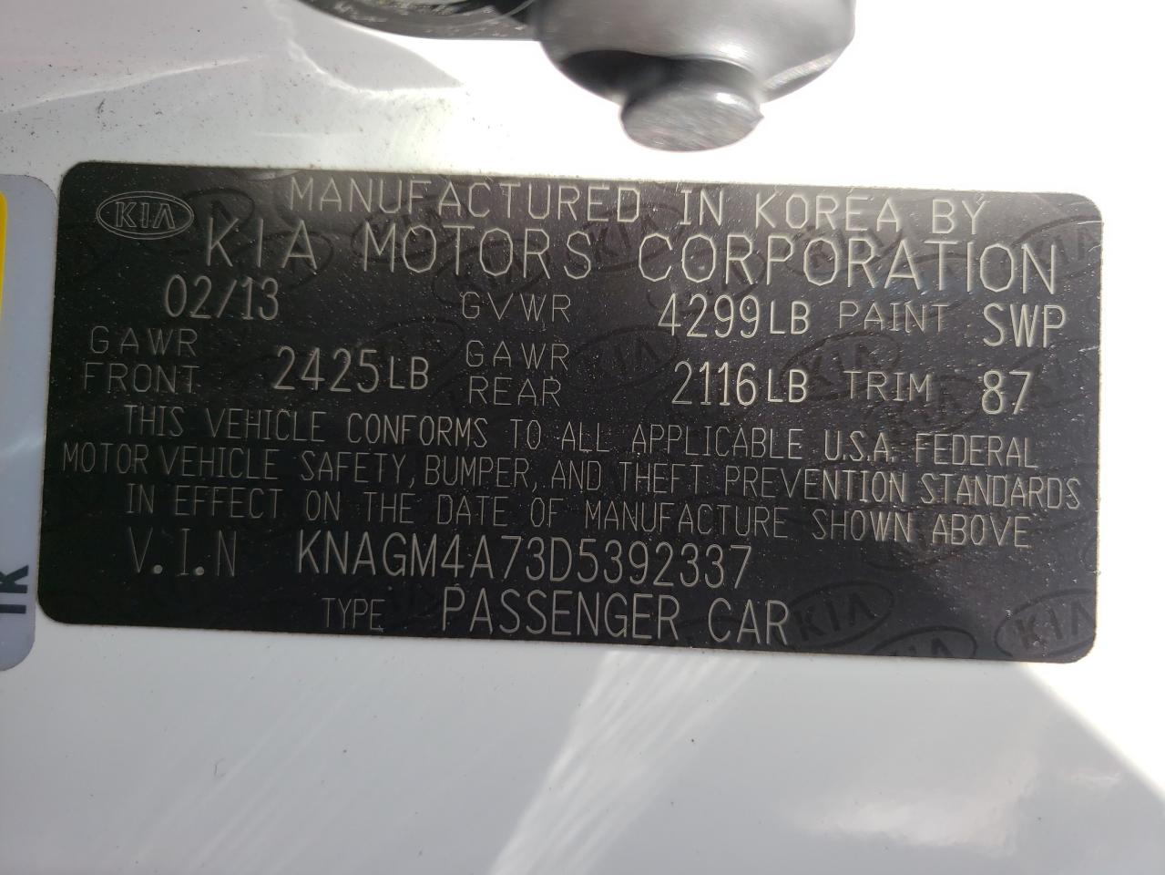 Photo 10 from auction – 2013 KIA OPTIMA LX with VIN KNAGM4A73D5392337