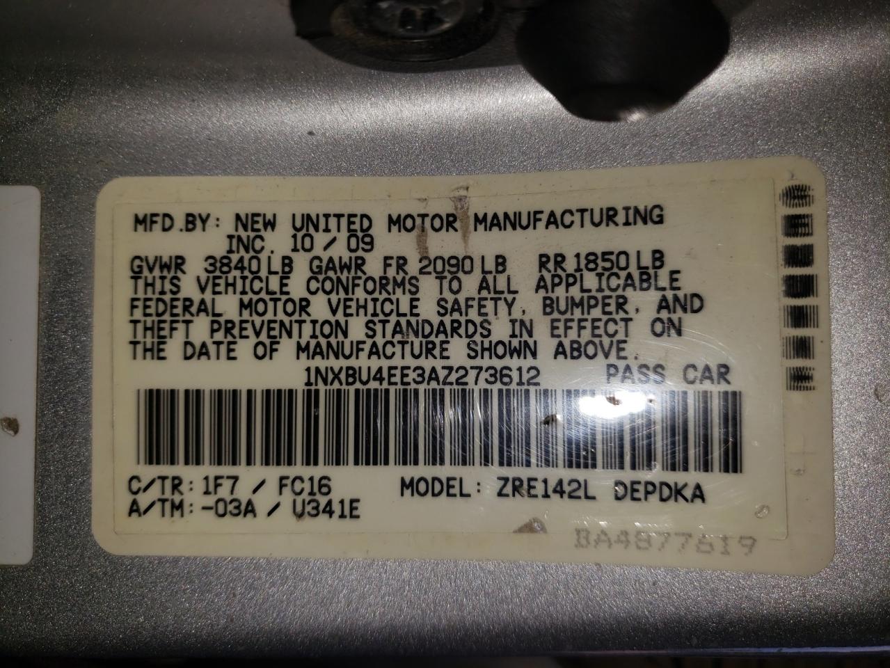 Photo 10 from auction – 2010 TOYOTA COROLLA BA with VIN 1NXBU4EE3AZ273612