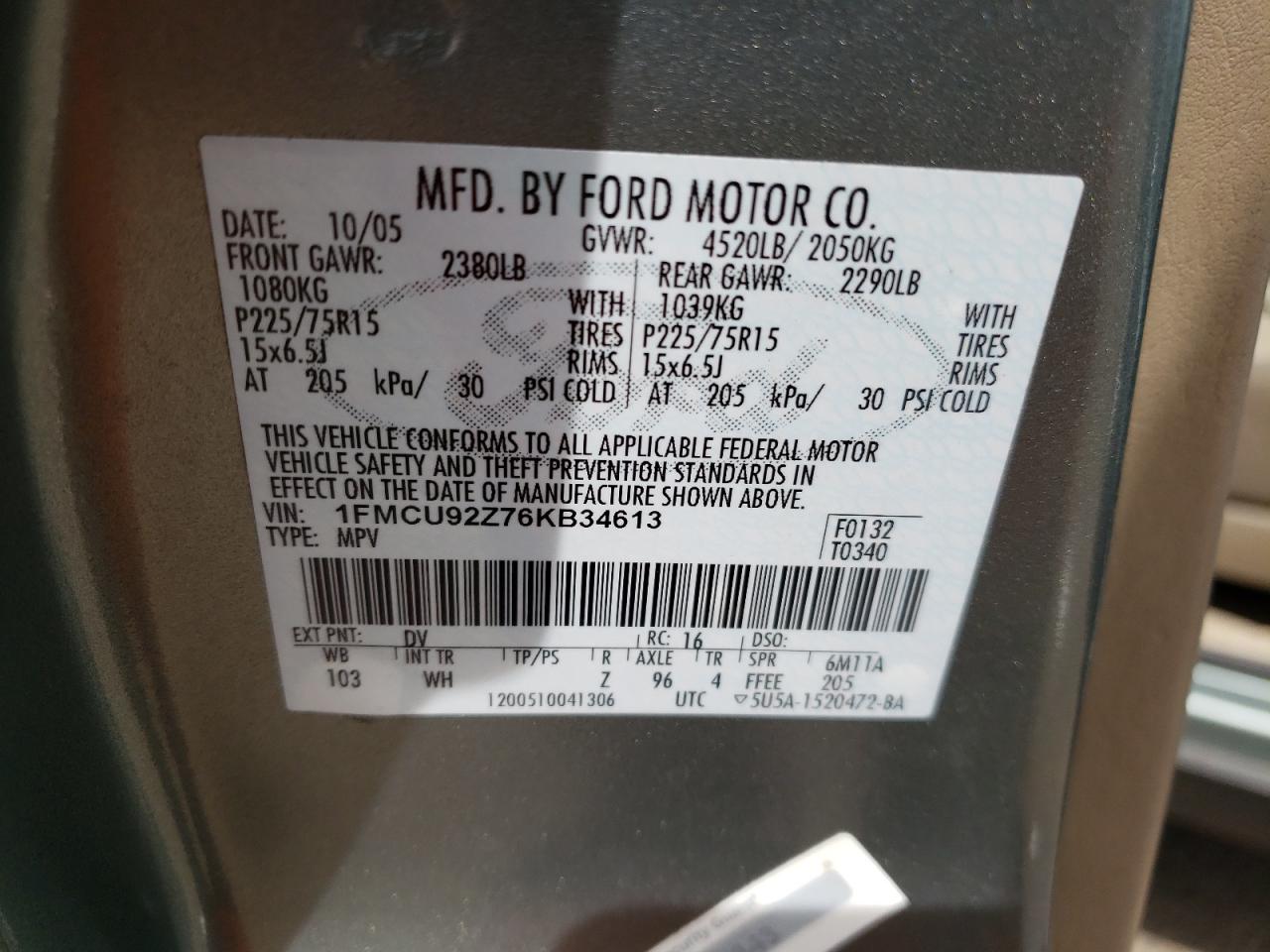 Photo 10 from auction – 2006 FORD ESCAPE XLS with VIN 1FMCU92Z76KB34613