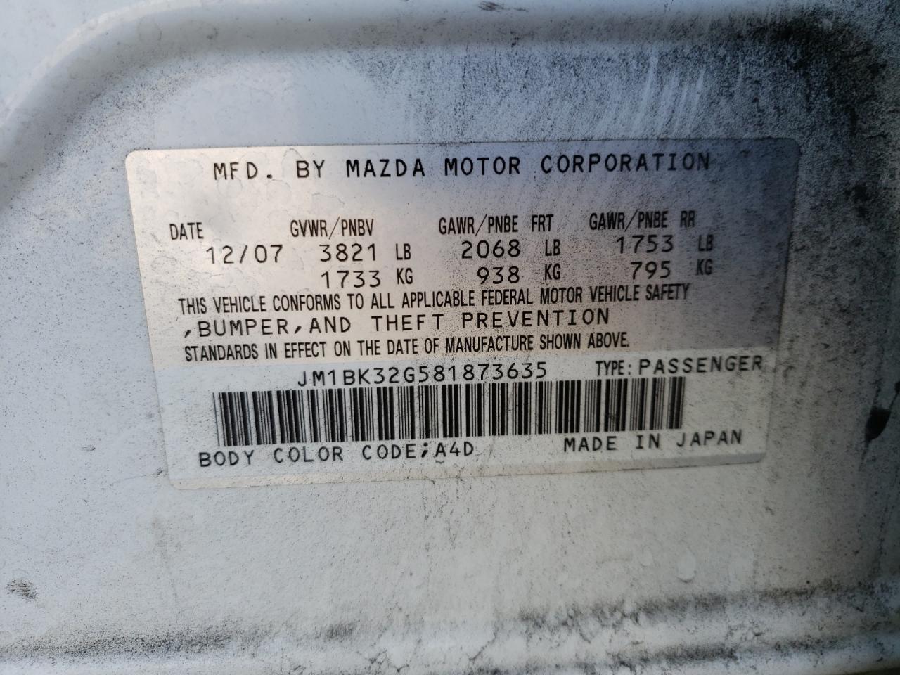 Photo 10 from auction – 2008 MAZDA 3 I with VIN JM1BK32G581873635