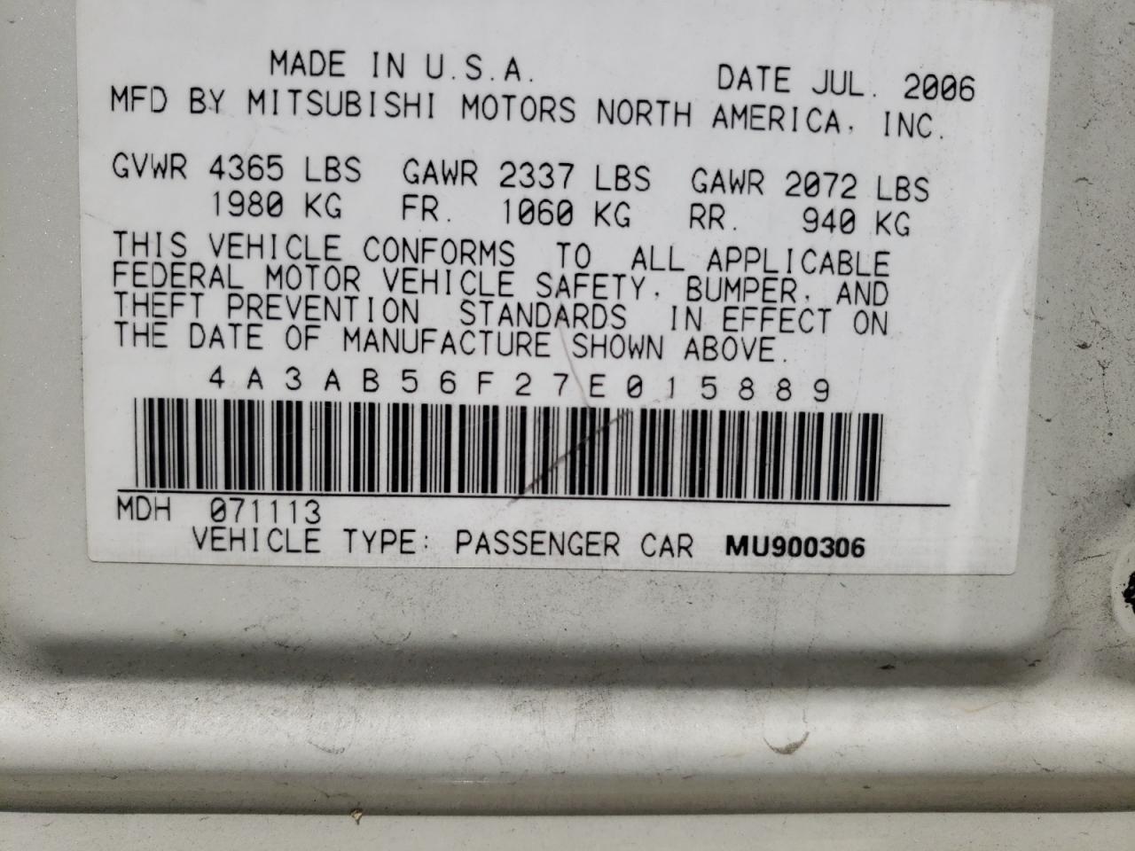 Photo 10 from auction – 2007 MITSUBISHI GALANT ES with VIN 4A3AB56F27E015889
