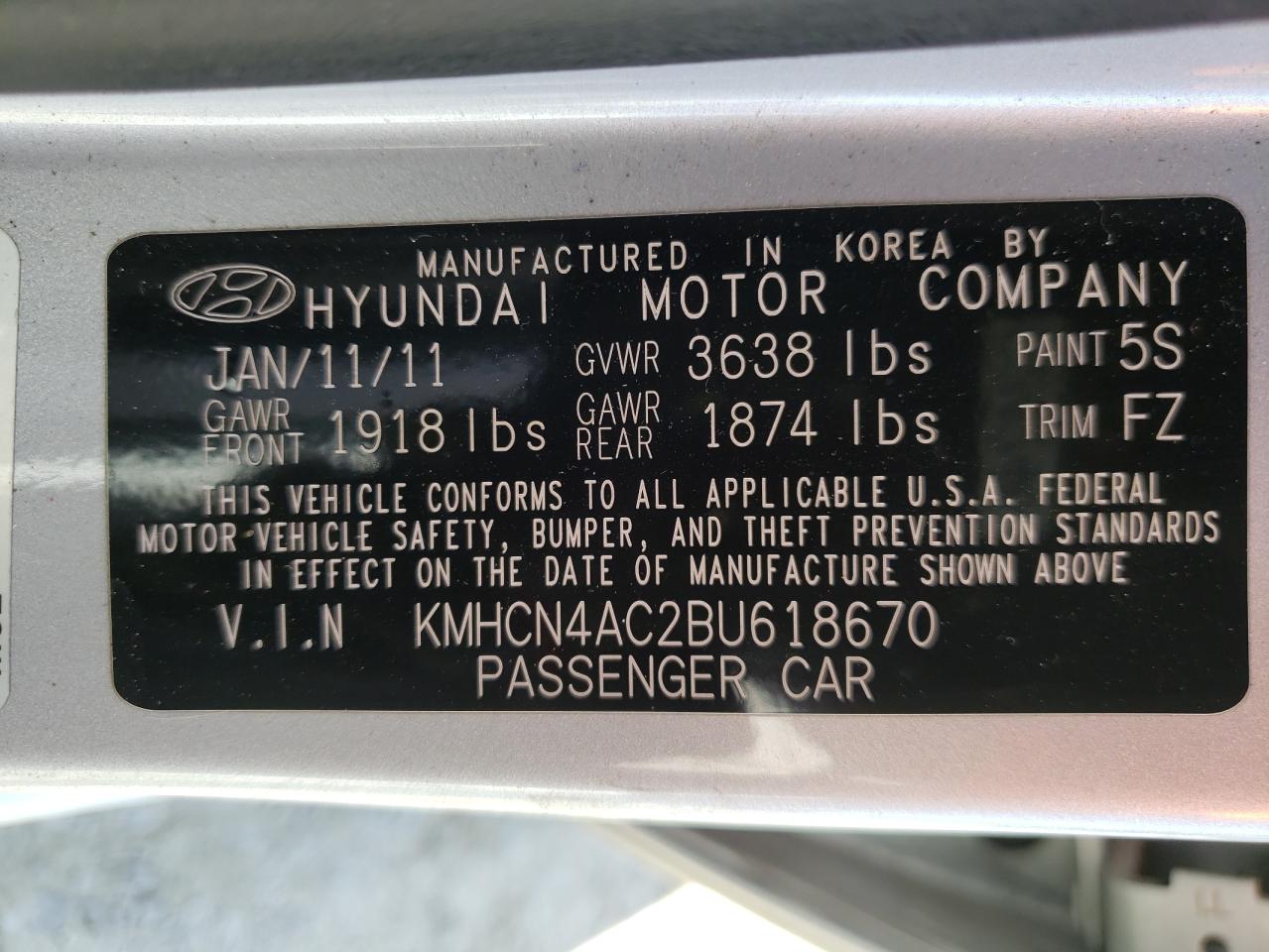 Photo 10 from auction – 2011 HYUNDAI ACCENT GLS with VIN KMHCN4AC2BU618670