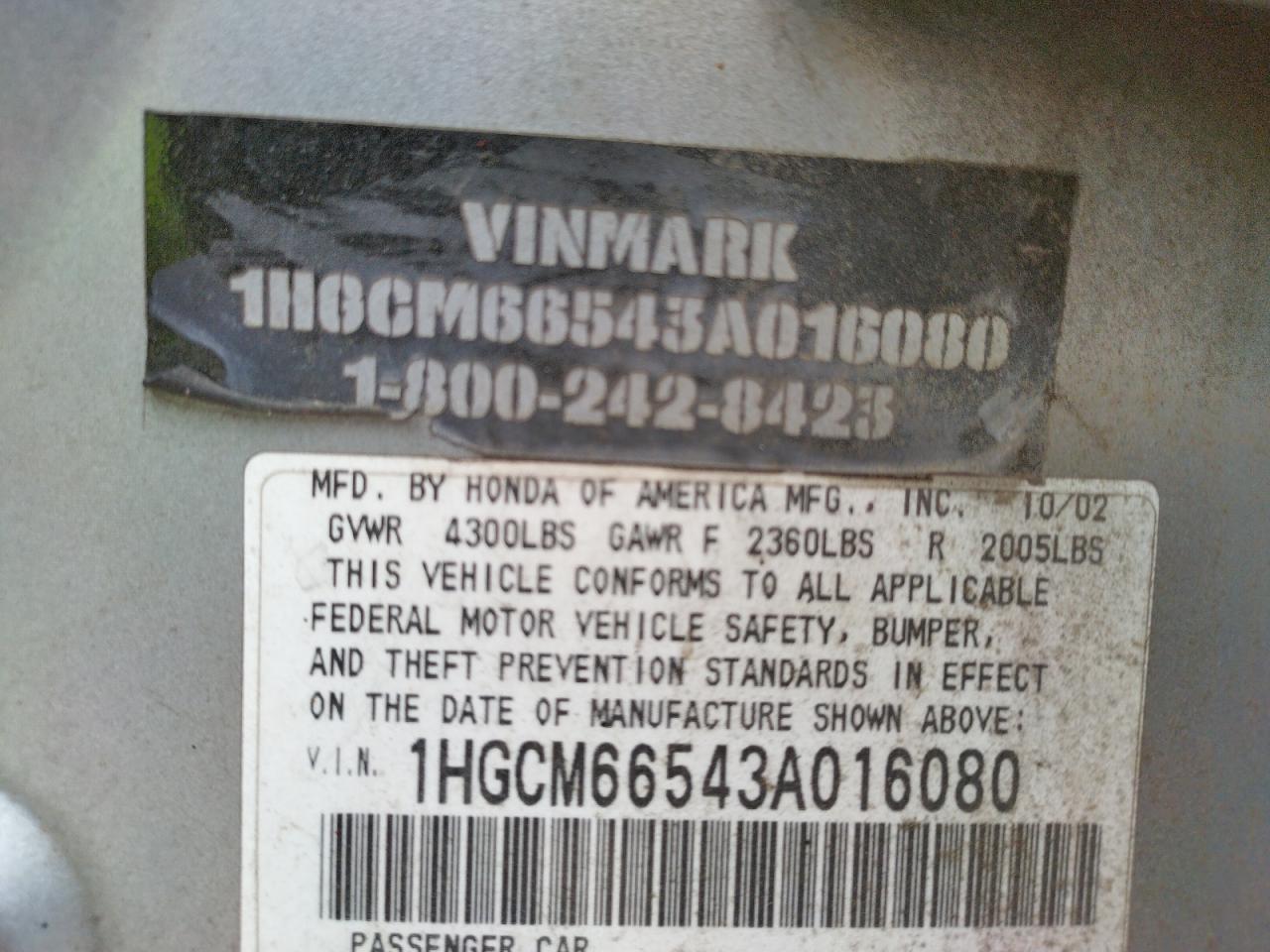 Photo 10 from auction – 2003 HONDA ACCORD EX with VIN 1HGCM66543A016080