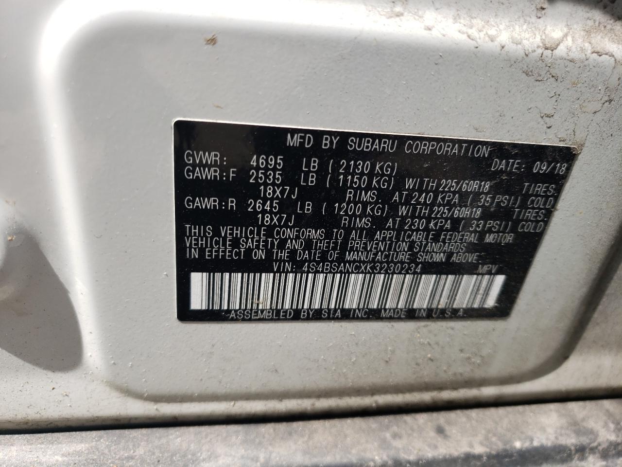 Photo 10 from auction – 2019 SUBARU OUTBACK 2. with VIN 4S4BSANCXK3230234