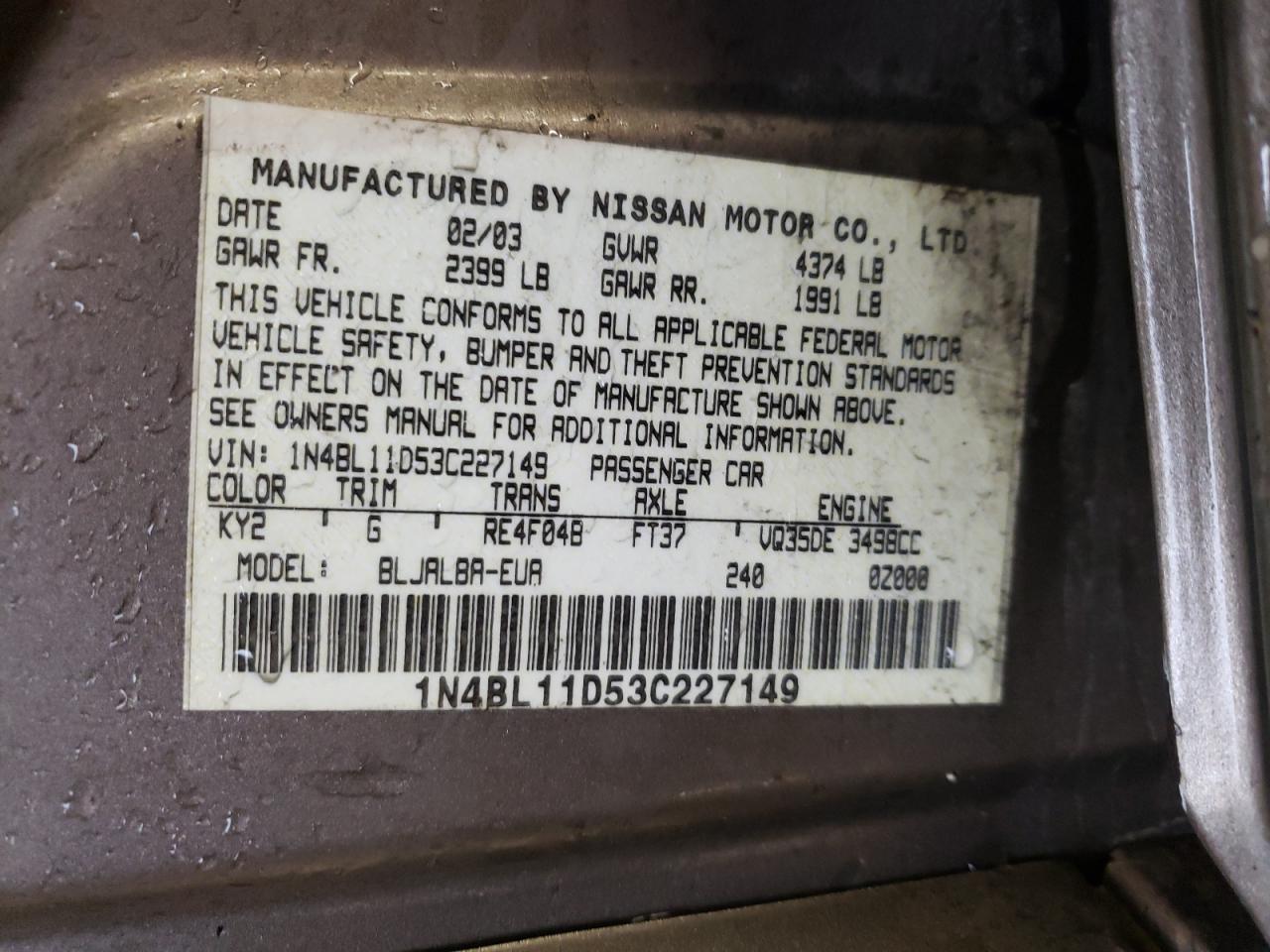 Photo 10 from auction – 2003 NISSAN ALTIMA SE with VIN 1N4BL11D53C227149