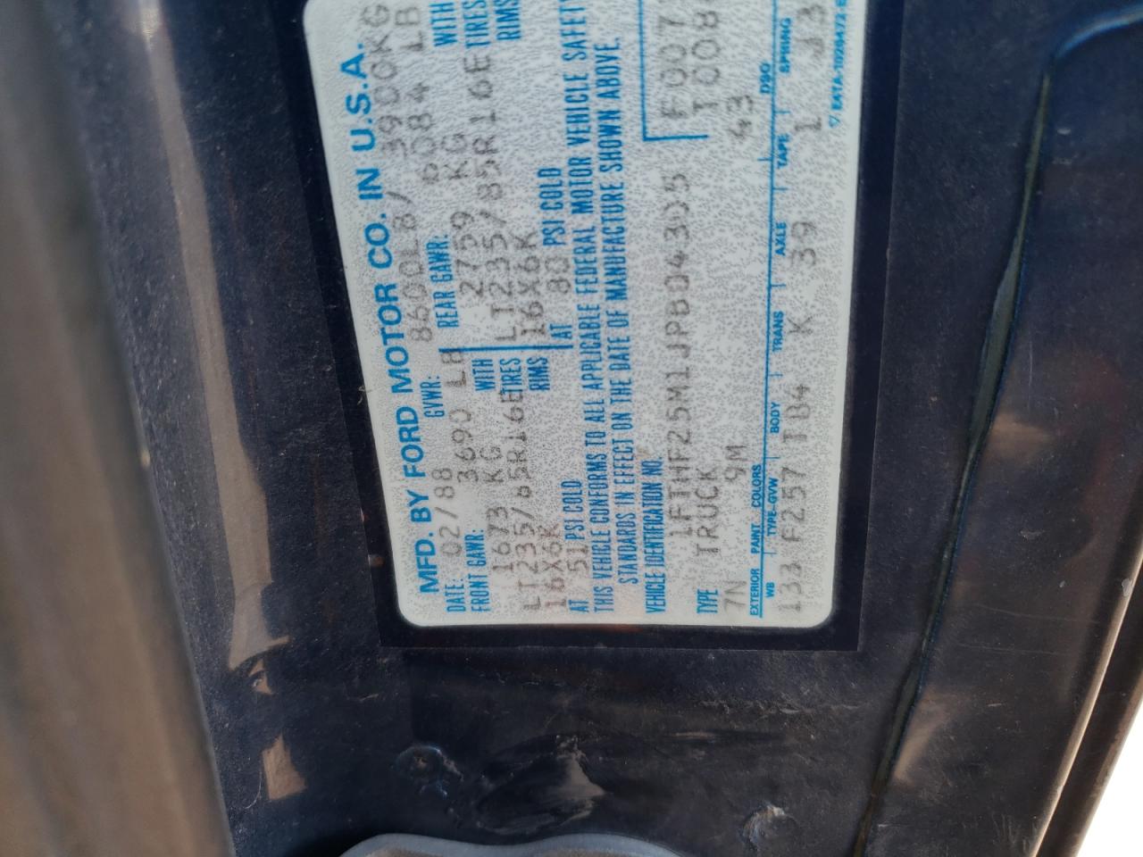 Photo 10 from auction – 1988 FORD F250 with VIN 1FTHF25M1JPB04305