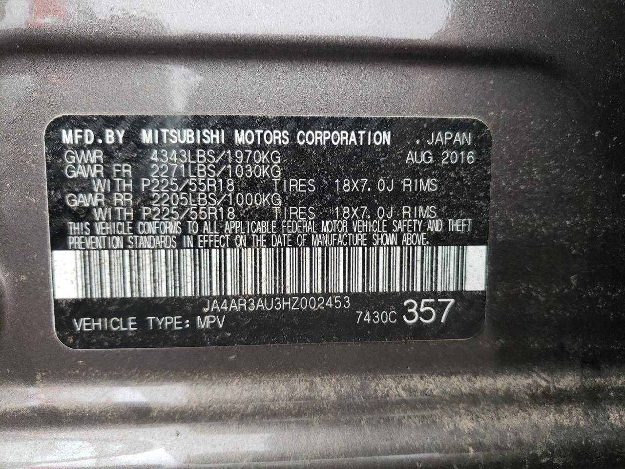 Photo 10 from auction – 2017 MITSUBISHI OUTLANDER with VIN JA4AR3AU3HZ002453