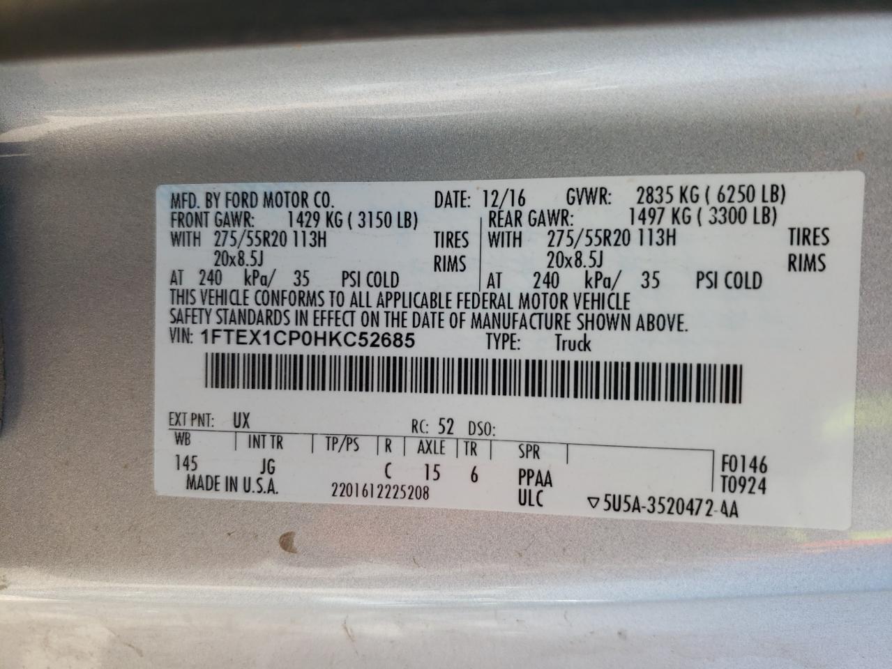 Photo 10 from auction – 2017 FORD F150 SUPER with VIN 1FTEX1CP0HKC52685