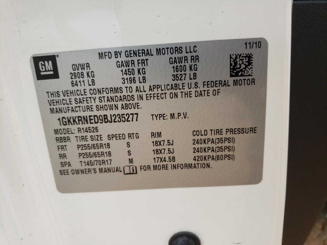 Photo 11 from auction – 2011 GMC ACADIA SLE with VIN 1GKKRNED9BJ235277