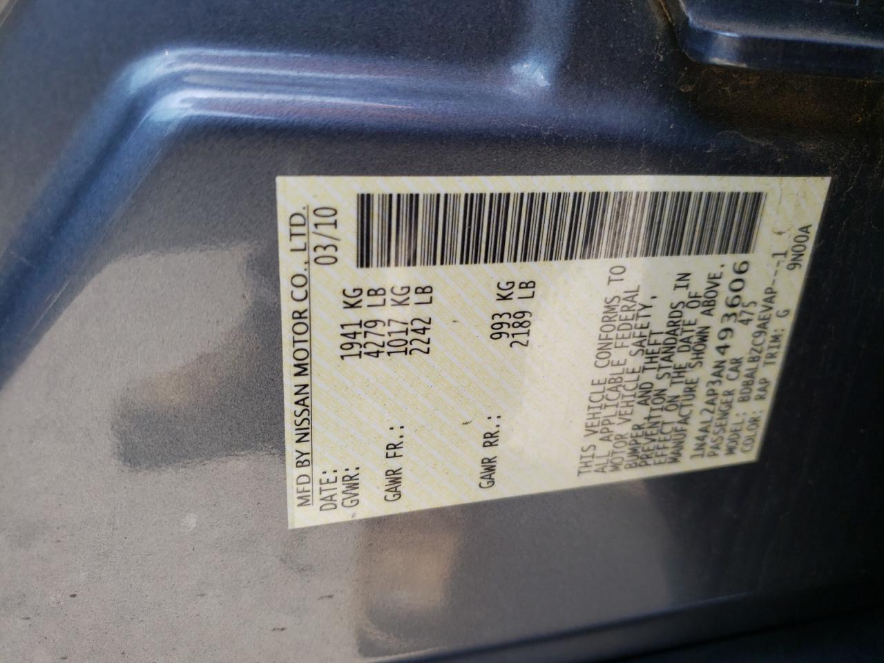 Photo 10 from auction – 2010 NISSAN ALTIMA BAS with VIN 1N4AL2AP3AN493606
