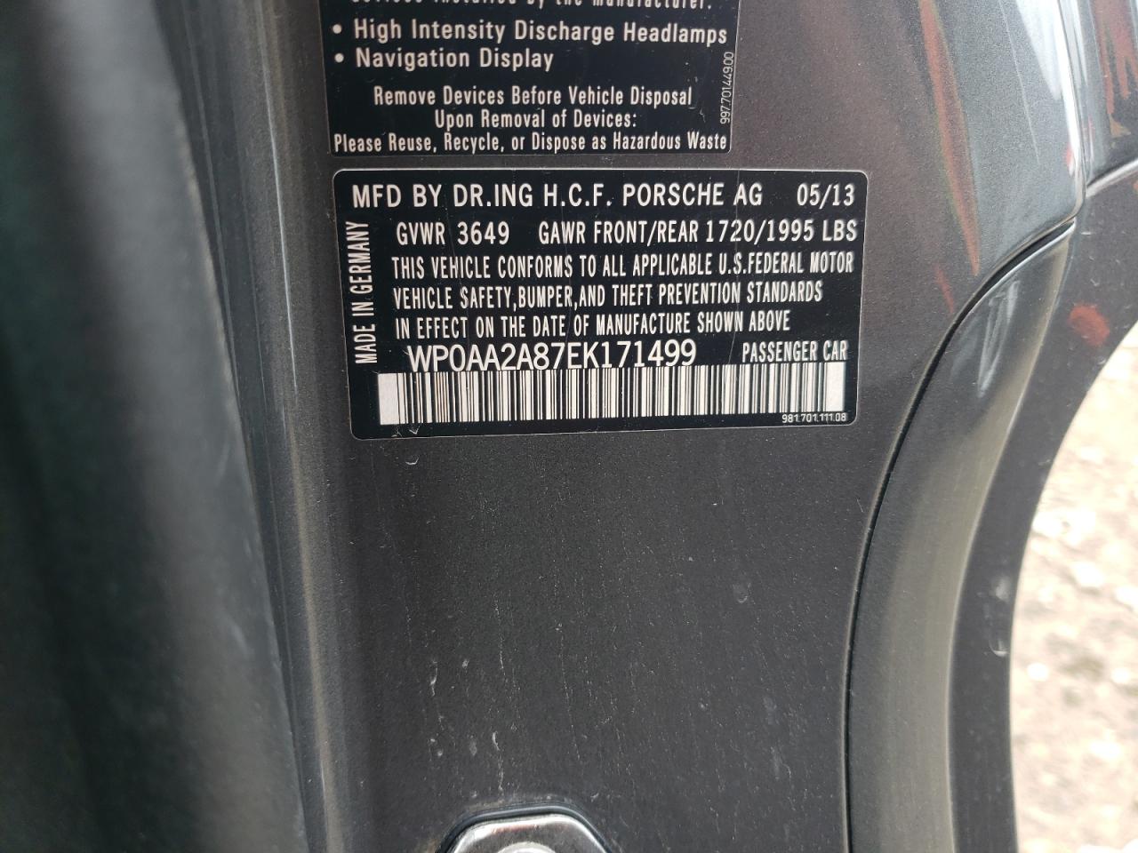 Photo 10 from auction – 2014 PORSCHE CAYMAN with VIN WP0AA2A87EK171499