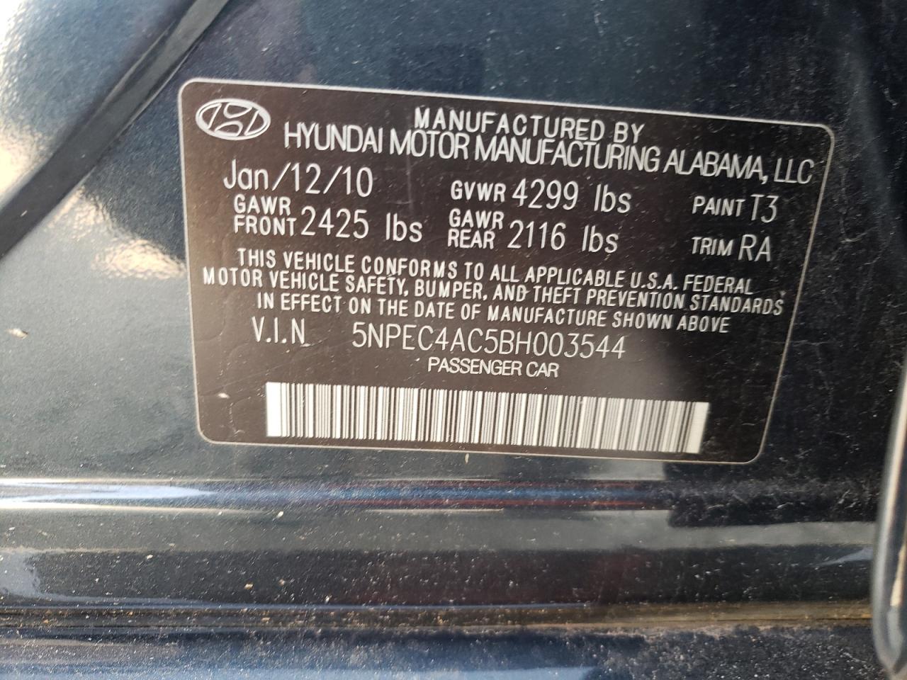 Zdjęcie 10 z aukcji – 2011 HYUNDAI SONATA SE z VIN 5NPEC4AC5BH003544